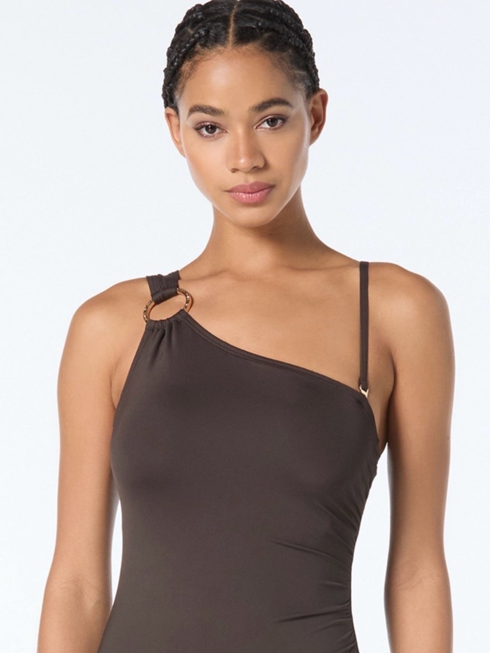 New Michael Kors Embellished One-Shoulder Underwire One-Piece Swimsuit Brown 8